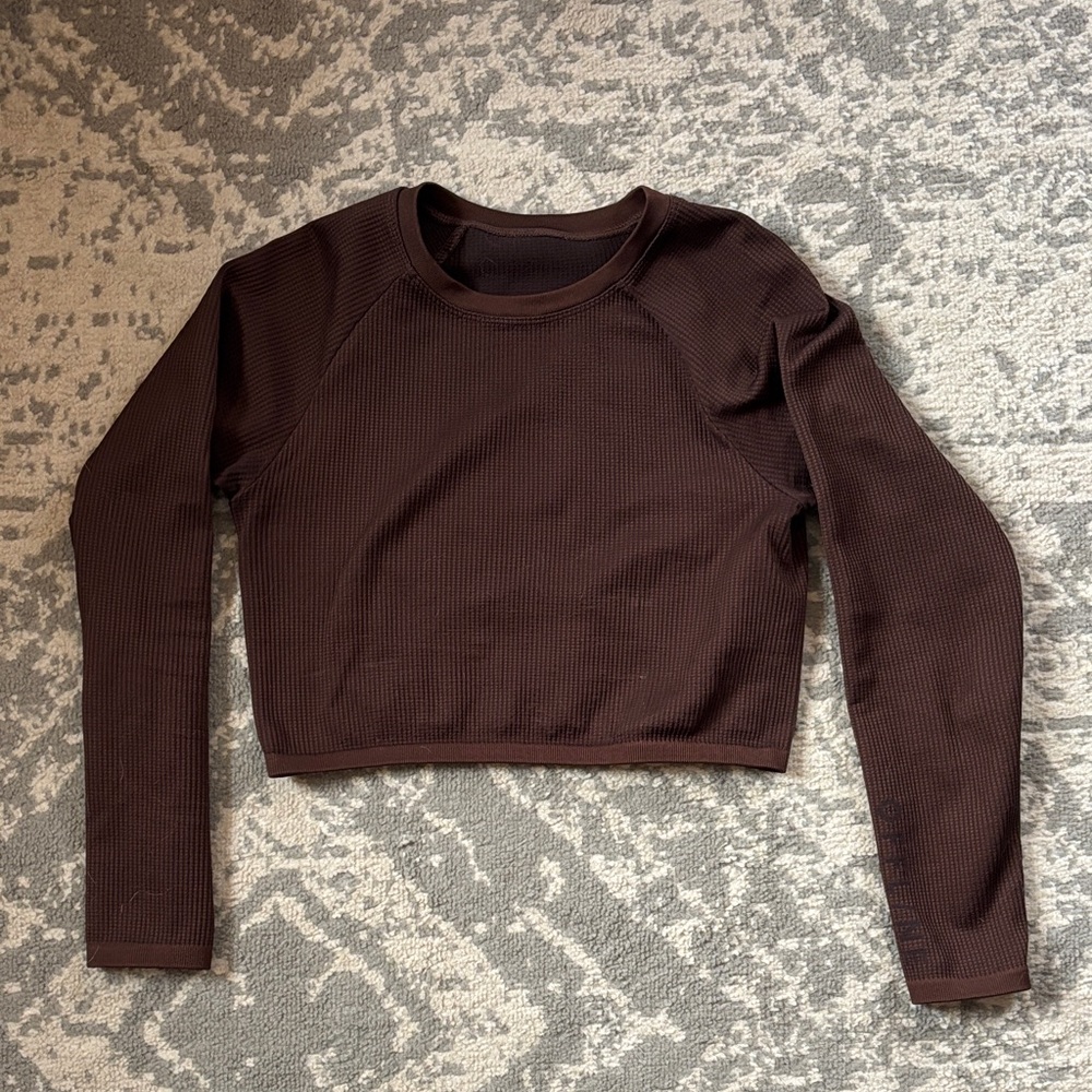 Aerie Offline Long Sleeve Athletic Waffle Knit Crop Top Chocolate Brown